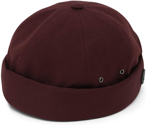 Men's Wine Red Brimless Leather Strap Beanie Cap