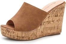 Load image into Gallery viewer, Soft Vegan Leather Navy Blue Cork Style Wedge Sandals