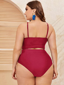 Plus Size Red Halter High Waist 2pc Mesh Swimsuit