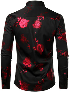 Men's Shiny 3D Rose Black-Red Button Down Dress Shirt
