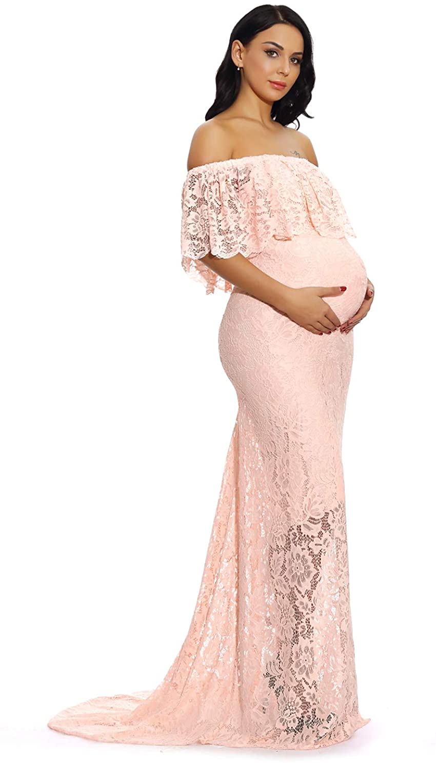 Maternity Ruffles Lace Pink Off Shoulder Long Maxi Dress