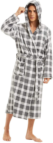 Men's Soft Knit Hooded Grey Checkered Robe