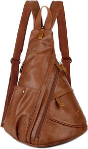 Genuine Brown Faux Leather Accent Crossbody Outdoor Backpack