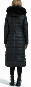 Women's Black Faux Fur Collar Long Hooded Bubble Coat