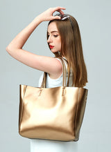Load image into Gallery viewer, Genuine Light Gold Bronze Soft Leather Tote Shoulder Bag