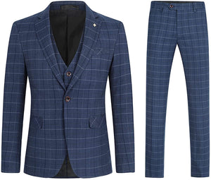 Modern Dark Blue Plaid 3 Pieces Tuxedo Men's Suit