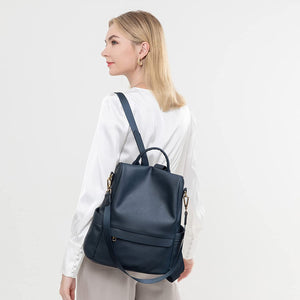 Dark Blue Faux Leather Waterproof Backpack