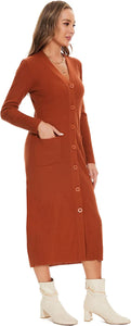 Stellar Caramel Button Down Tea Length Knit Sweater Dress