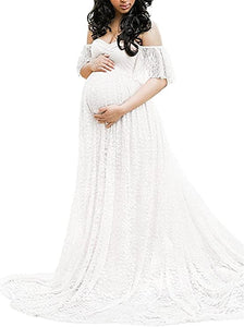 Sweetheart Wine Red Lace Off Shoulder Maternity Maxi Dress