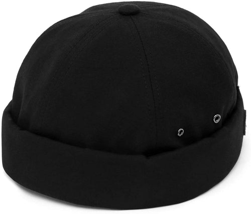 Men's Black Brimless Leather Strap Beanie Cap