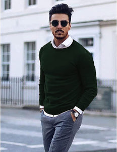Men's Crew Neck Dark Green Casual Knitted Pullover Sweater