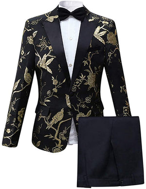 Men's Tuxedo Black & Gold Floral 2pc Long Sleeve Formal Suit