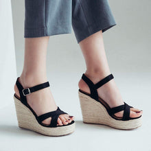 Load image into Gallery viewer, Wedge Ankle Strap Black Open Toe Platform Sandals
