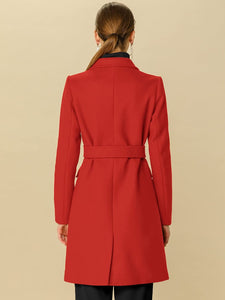 Outerwear Red Notch Lapel Double Breasted Belted Long Winter Coat