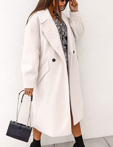 Winter Warm White Notch Lapel Double Breasted Long Pea Coat