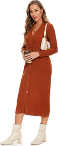 Stellar Caramel Button Down Tea Length Knit Sweater Dress