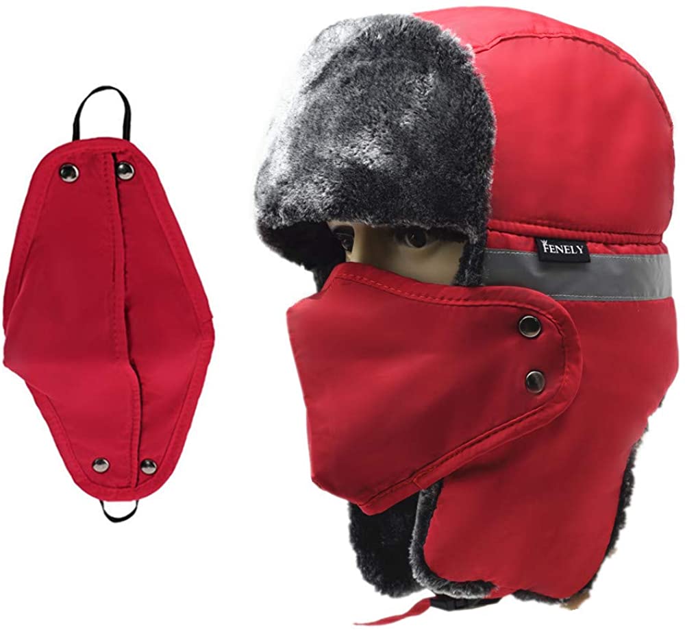 Men's Windproof Warm Trapper Dark Red Russian Hats with Mask