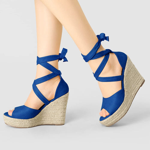 Women's Blue Lace Up Espadrilles Wedge Sandals