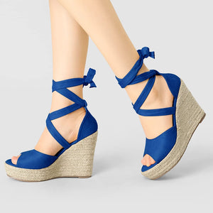 Women's Blue Lace Up Espadrilles Wedge Sandals