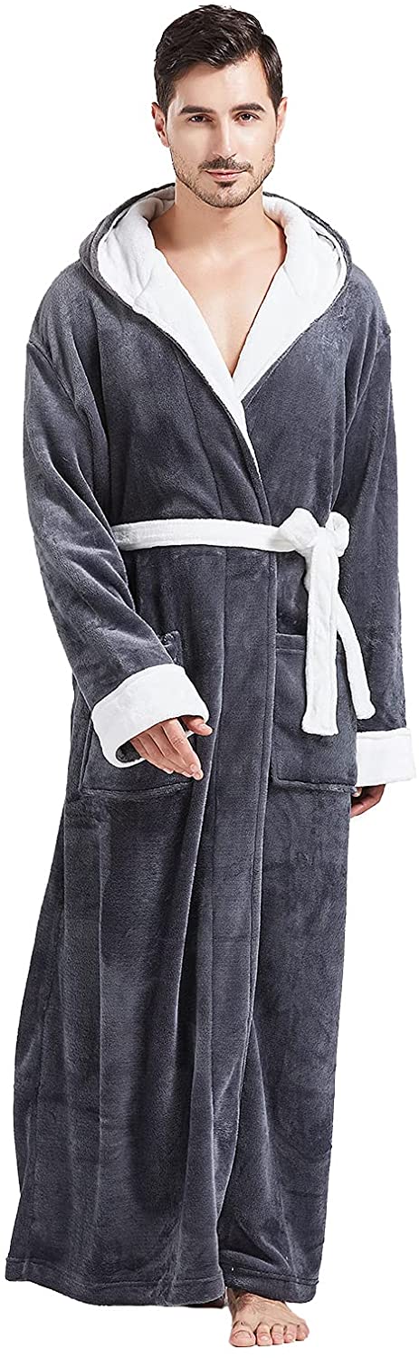 Men's Gray Plush Fleece Long Sleeve Hooded Robe