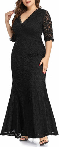 Black Floral Lace Long Wrap V Neck Mermaid Dress