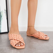 Load image into Gallery viewer, Square Open Toe Pink Braided Cross Band Flat Sandals