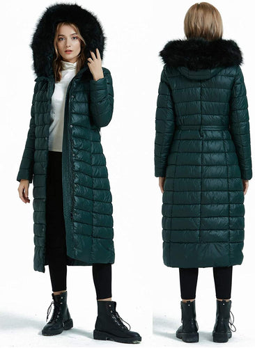 Hooded Bubble Green Faux Fur Collar Women's Puffer Jacket