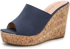 Soft Vegan Leather Navy Blue Cork Style Wedge Sandals