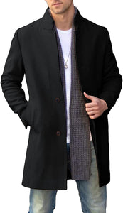 Men's Casual Black Long Trench Slim Fit Stand Collar Pea Coat Winter