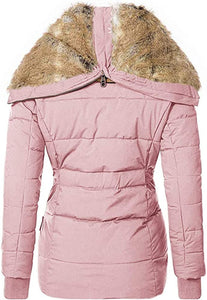 Women's Pink Faux Fur Hooded Puffer Parka Overcoat