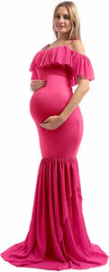Wine Red Off Shoulder Ruffled Mermaid Maternity Dress