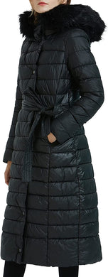 Women's Black Faux Fur Collar Long Hooded Bubble Coat