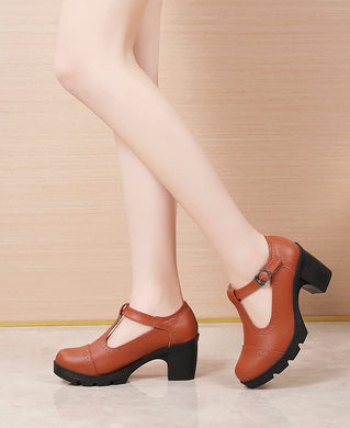 Square Toe Brown Leather Classic T-Strap Dress Pump Shoes