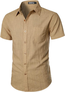 Men's Royal Blue Linen Button Up Short Sleeve Shirt