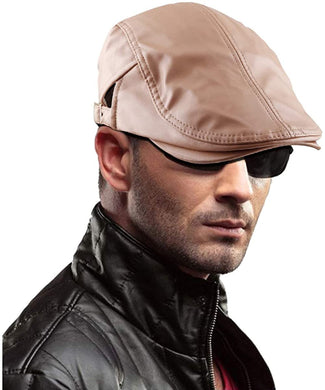 Men's Khaki PU Leather Classic Newsboy Cap