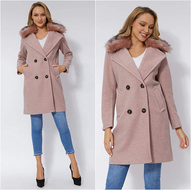 Faux Woolen Pink Fleece Long Women's Trench Coat