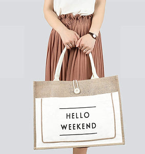 Simple White Hello Weekend Print Tote Bag