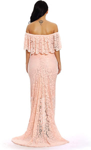 Maternity Ruffles Lace Pink Off Shoulder Long Maxi Dress