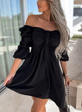 Load image into Gallery viewer, Women&#39;s Black Puff Sleeve Off Shoulder A-Line Mini Dress