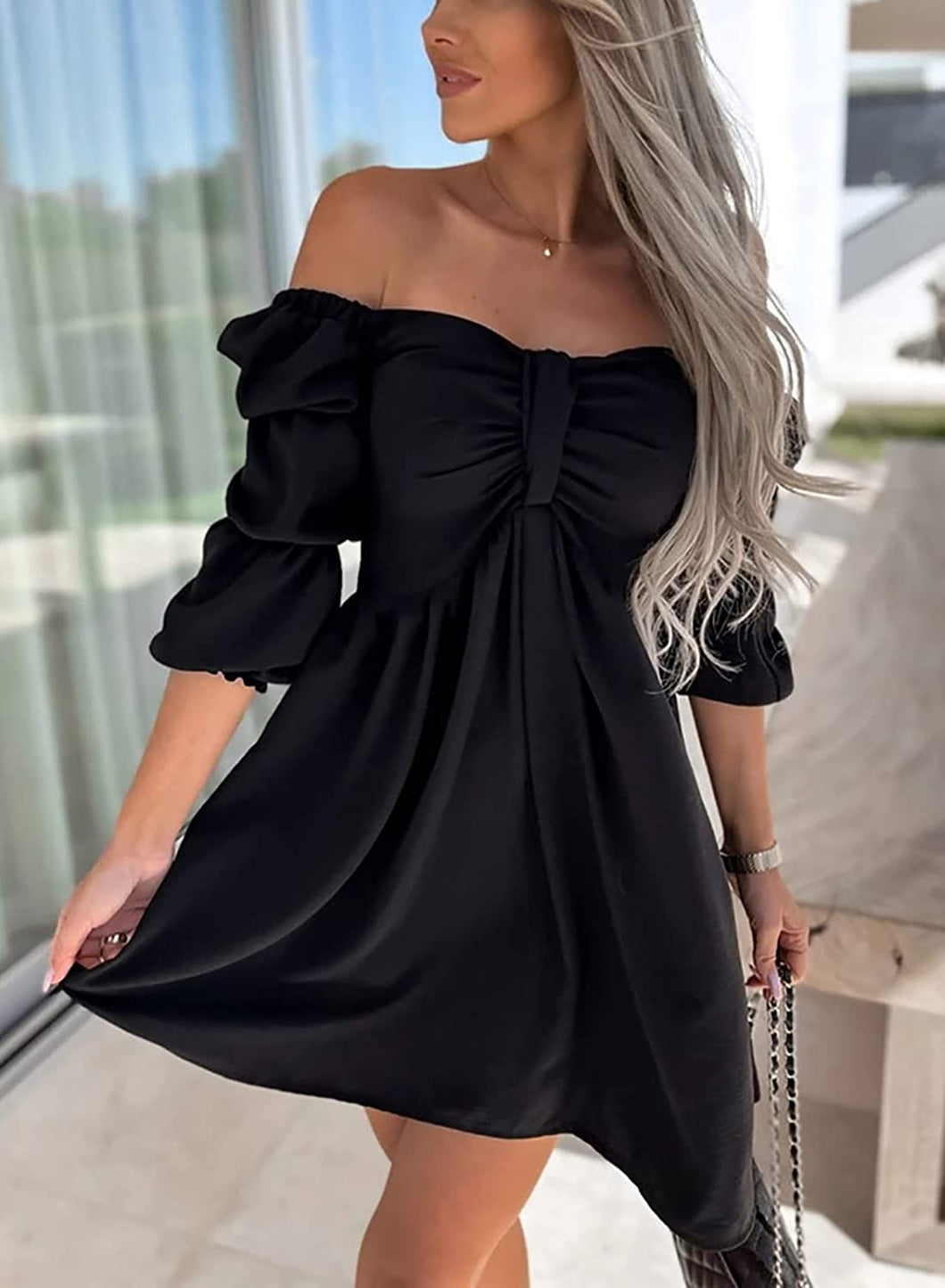 Women's Black Puff Sleeve Off Shoulder A-Line Mini Dress