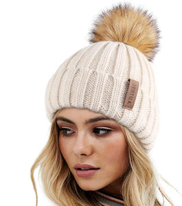 Winter Black Knit Pom Pom Faux Fur Beanie Hat