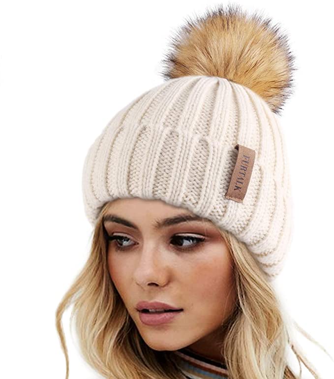 Winter Beige Knit Pom Pom Faux Fur Beanie Hat