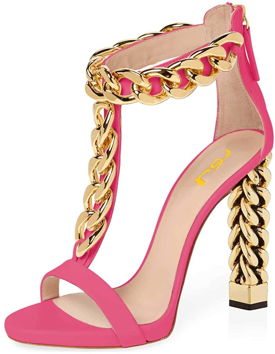 T-Strap Rose Metal Chain Ankle Strap Chunky High Heel Sandals