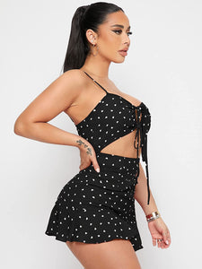 Tie Front Cut Out Black Polka Sleeveless Ruffle Rompers
