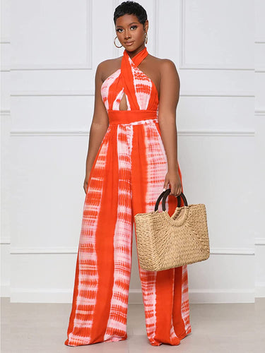 Summer Halter Orange Boho Backless Wide Leg Jumpsuit