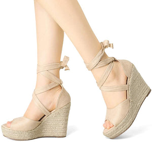 Women's Beige Lace Up Espadrilles Wedge Sandals