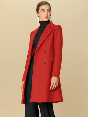 Outerwear Red Notch Lapel Double Breasted Belted Long Winter Coat