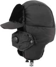 Load image into Gallery viewer, Brim Earflaps Black  Face Mask Russian Ski Hat