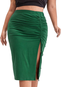 Plus Size Brown Ruched Elastic Midi Skirt