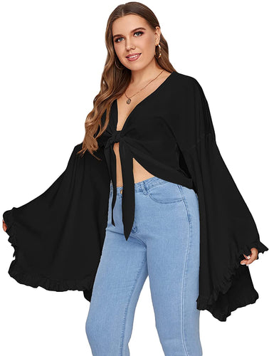 Plus Size Ruffle Long Sleeve Deep V Neck Tie Front Crop Top